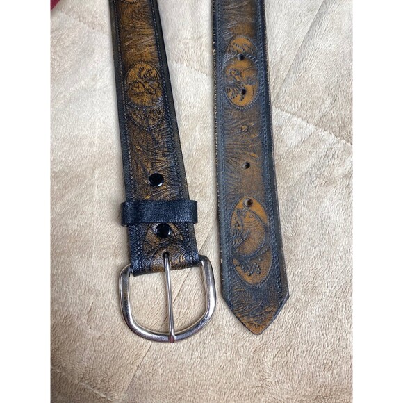 Genuine Leather Brown Tooled Belt Size 42 Fisherman Outdoors Northern Bass Pole - Picture 2 of 11